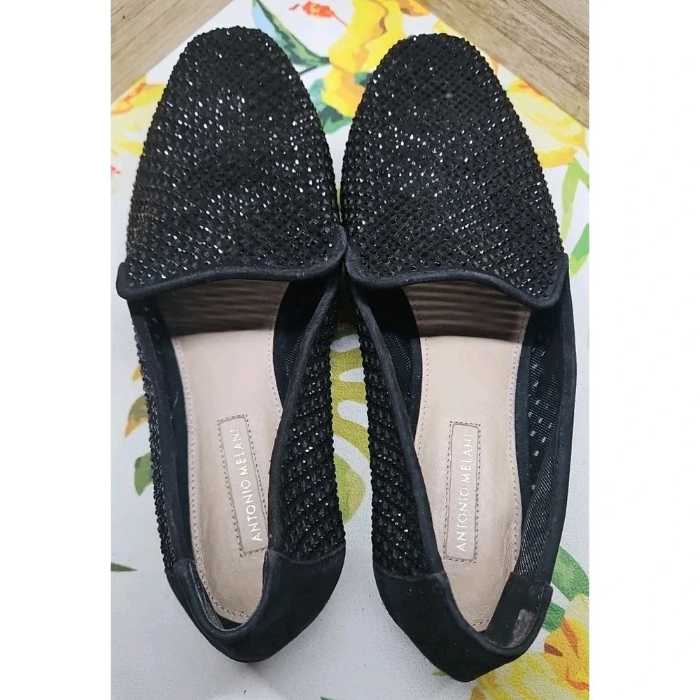Antonio Milani Black Crystal Slip On Loafers  Sz 7.5 Glam Glitz‎ Sparkle #457